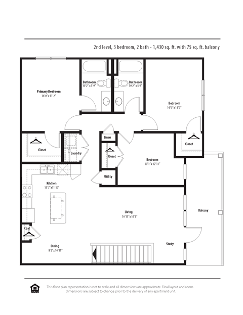 Floor plan for 3 beds, 2 baths, 1411 sqft